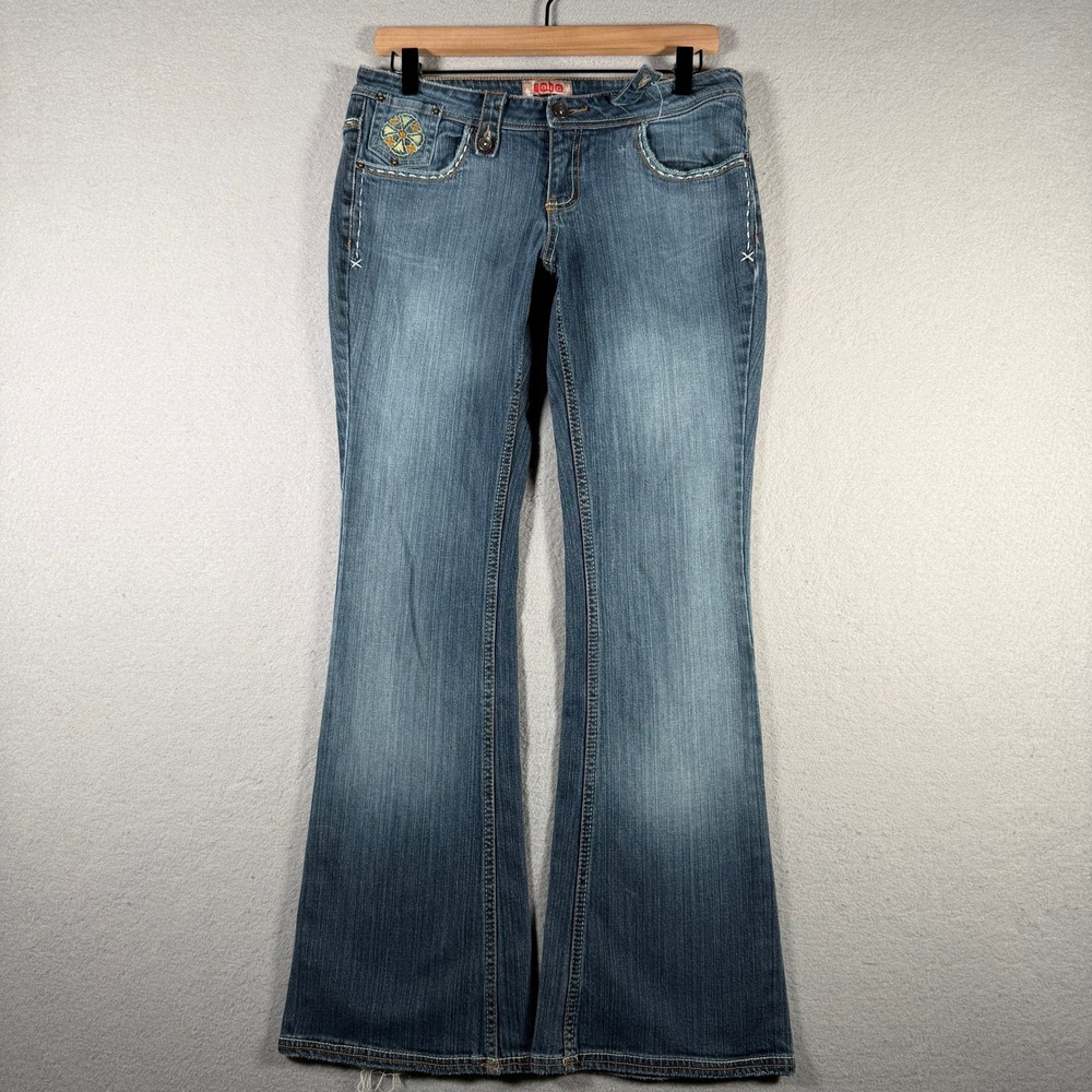 No Boundaries Juniors 9 Dark Stone Embroidered Low Rise Flare Jeans Y2K
